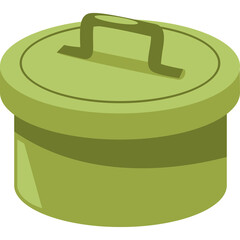 A simple cartoon illustration of a round olive green lunchbox with a carry handle against a transparent background