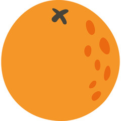A simple cartoon illustration of a round orange fruit with a dark brown stem and dark spots on its surface against a transparent background, representing healthy eating and natural ingredients.