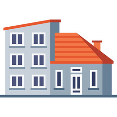 A Simple Flat Design Illustration of a Two Story Gray Building With An Orange Roof and Chimney Against A White Background