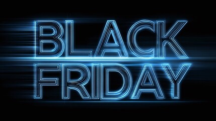 Luminous "Black Friday" text with neon blue glow and a horizontal streak across a stark black background. Striking visual for shopping promotions.