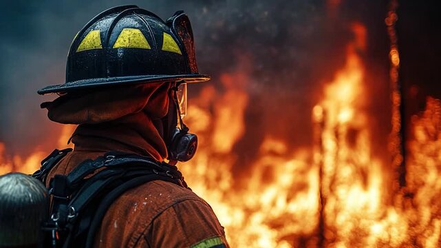 A firefighter stands in front of a raging fire, ready to take action