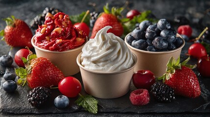 Berry Bliss: A colorful array of fresh mixed berries surrounds three cups of creamy dessert, creating a visually appealing and delicious treat.