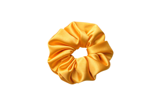Golden yellow satin scrunchie hair tie, gathered ruffled fabric, circular form, lustrous sheen, warm tone, isolated on a transparent background