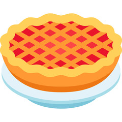 A Round Baked Cherry Pie With A Lattice Crust Sits On A White Plate With A Blue Rim Rendered In A Flat Isometric Style On A Transparent Background