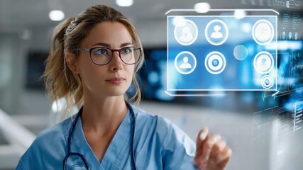Future of Healthcare: A determined female doctor navigates the intricate digital landscape of patient data, exploring modern diagnostic technology with focused precision. - Powered by Adobe