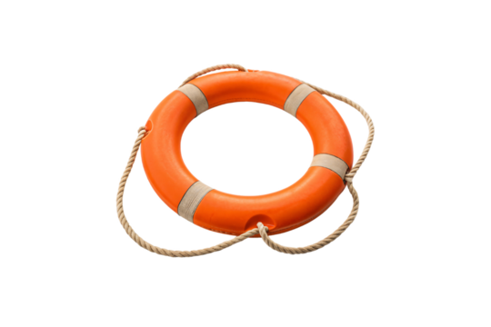 Orange life ring with beige canvas straps and rope attached, positioned at angle, isolated on a transparent background