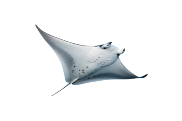 Elegant manta ray gliding with pale gray body, black spots and flowing pectoral fins, isolated on a transparent background
