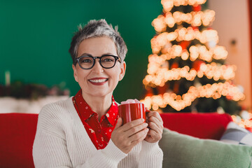 Middle-aged woman enjoying holiday cheer with warm drink by festive Christmas tree in a cozy...