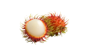 Rambutan fruit displaying colorful red orange and yellow green hairy spines with exposed white interior, isolated on a transparent background
