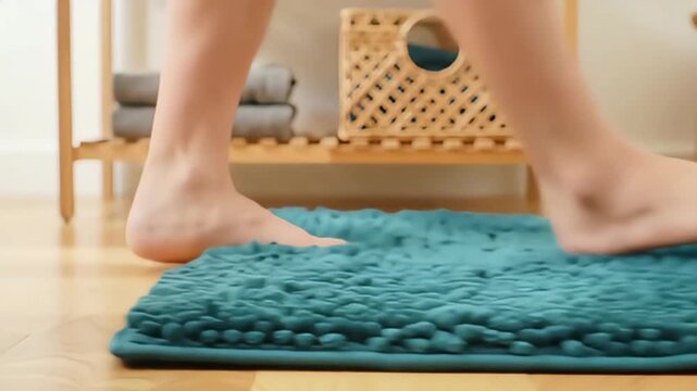 A person steps onto a soft teal chenille bath mat on a wooden floor This absorbent and non slip rug offers comfort and safety in a cozy bathroom setting with 