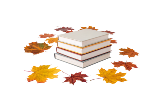 Four stacked hardcover books surrounded by circle of autumn maple leaves, fall seasonal reading arrangement, overhead perspective, isolated on a transparent background