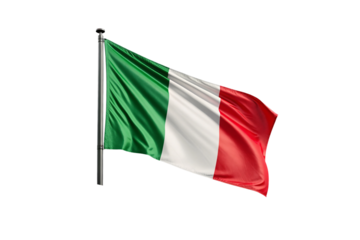 Italy's national flag showing three equal vertical panels in traditional colors waving, isolated on a transparent background