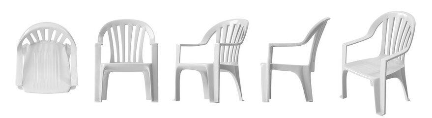 White plastic chair in multiple views isolated on a white background
