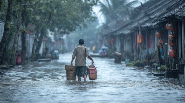Flooded street with a man wading through water carrying baskets on a cloudy day