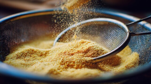 Flour sifting through metal mesh strainer