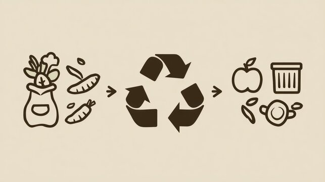 Food waste recycling process shown with brown sketch icons, from vegetables to compost
