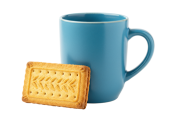 Isolated teal mug with a biscuit snack, simple breakfast set, for tea or coffee service drink