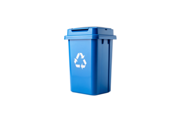Blue recycling bin with white recycling symbol, compact size with hinged lid for waste sorting, isolated on a transparent background