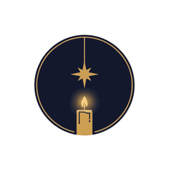 A golden candle and star in a dark blue circle.
