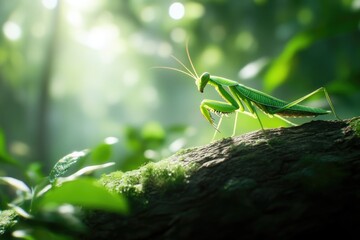 Praying mantis perched on branch in sunlit rainforest foliage