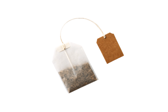 Tea bag with string and brown paper tag attached showing traditional beverage steeping design, isolated on a transparent background