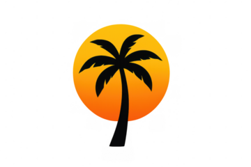 Palm tree silhouette against an orange sunset circle, tropical vacation emblem with transparent background