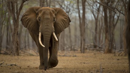 Obraz premium Majestic African Elephant Walking Through Sparse Savanna Landscape