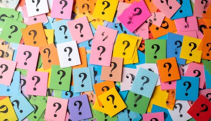 Colorful sticky notes with black question marks scattered randomly.