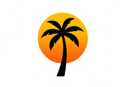 Palm tree silhouette against an orange sunset circle, tropical vacation emblem with transparent background