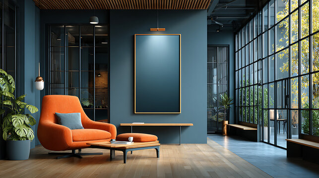 vertical blank poster mockup on dark blue wall in modern office lobby with armchair, wooden floor, and glass partition background. 3d rendering 61103479 1 69205525 1