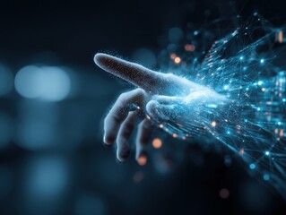 Human Hand Reaching Out to Futuristic Network Connection with Data Stream and Glowing Particles for Artificial Intelligence and Cutting-Edge Technology Concept