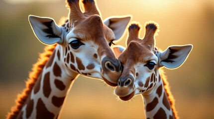 A Nuzzle at Sunset Mother and Calf Giraffe