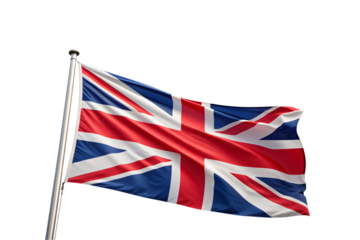 British flag flying, Union Jack design, patriotic colors displayed, national banner in wind, isolated on a transparent background