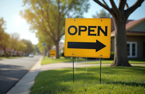 Vibrant yellow OPEN house sign stands on neat green lawn. Bold black arrow points right, guiding interested visitors to property inspection. Real estate agent advertises home for sale on quiet