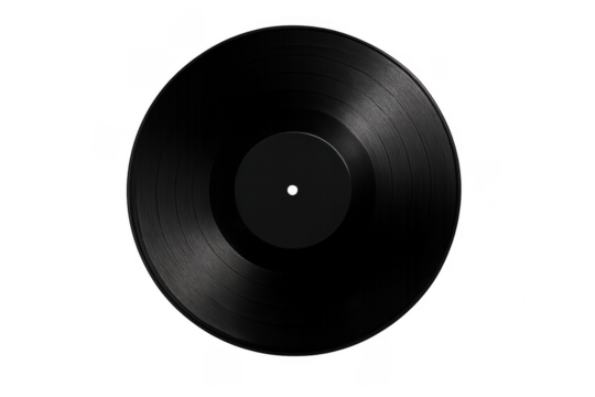 Black vinyl record playing music on transparent background