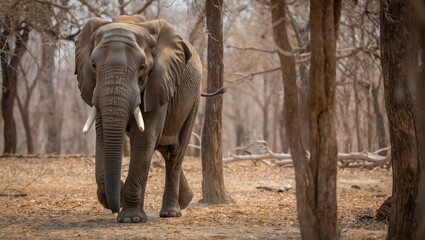 Majestic African Elephant Walking Through Dry Savanna Landscape