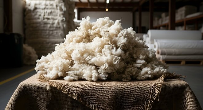 A large pile of raw, unprocessed cotton fiber sits on a burlap cloth in a factory warehouse.