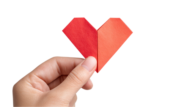 Origami Red Heart Held in Hand on White - Love, Valentines Day, and Affection