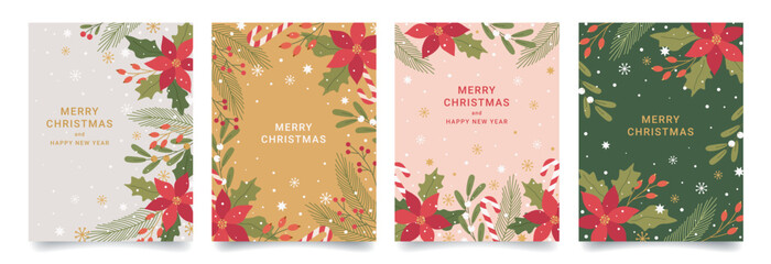 Merry Christmas greeting cards set. Beautiful Xmas design with hand drawn fir branches, poinsettia flowers, snow, mistletoe, floral frames, snowflakes. Perfect for poster, holiday cover, banner.