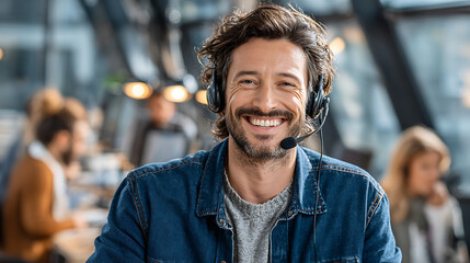 smiling male customer service representative wearing headset in modern office with colleagues in background, natural light through large windows. ai generative 84839447 1 17691934 1