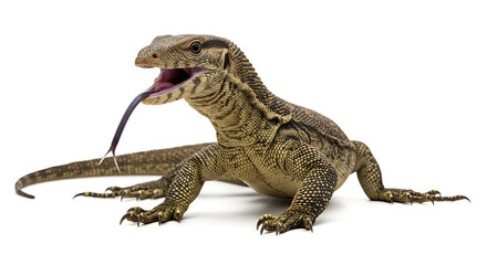 Obraz premium A large monitor lizard sticks out its tongue against a clean white background, showing detailed scales and a fierce expression.
