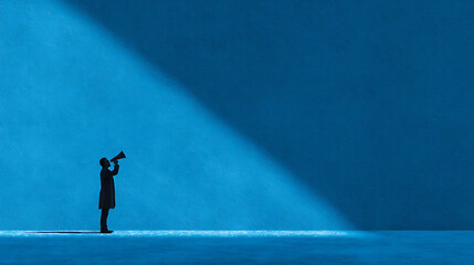 businessman holding megaphone casting shadow making silence gesture on light blue abstract background as conceptual metaphor for inner conflict. 38783735 1 14750042 1