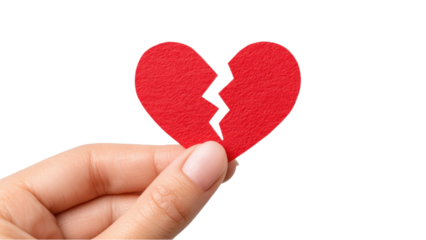 Broken Red Heart Held in Hand on White Background for Relationship and Emotion Concepts