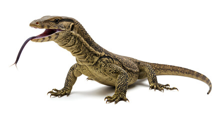 Fototapeta premium A large monitor lizard sticks out its tongue against a clean white background, showing detailed scales and a fierce expression.