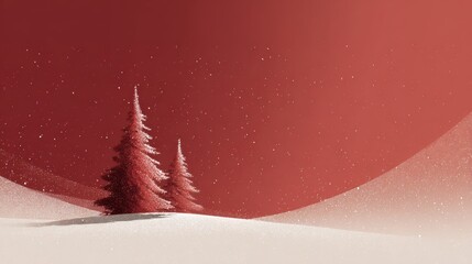 Winter landscape with snow-covered trees and falling snowflakes against a red sky