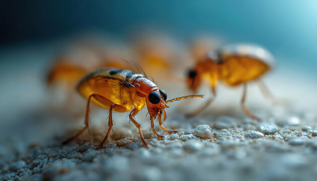 Detailed macro photo of fleas. Insects magnified reveal intricate structures. Parasitic pests in high magnification show tiny details. Science biology animal health concept. Veterinary medicine study.