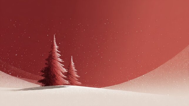 Winter landscape with snow-covered trees and falling snowflakes against a red sky