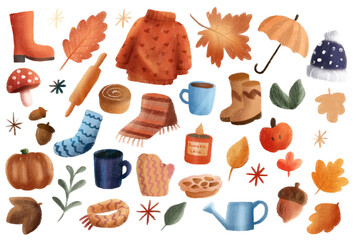 Иллюстрация без названияAutumn Watercolor Elements Collection on Transparent Background &ndash; Cozy Fall Clipart Set