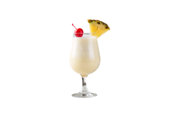 Creamy piña colada drink in stemmed glass with fresh pineapple slice and cherry garnish, isolated on a transparent background