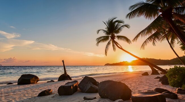  Ein Bild eines Sonnenuntergangs &uuml;ber einem Gew&auml;sser mit  Steinen und Palmen im Vordergrund &ndash; Generative KI. An image of a sunset over a body of water with rocks and palm trees in the foreground &ndash; Gen